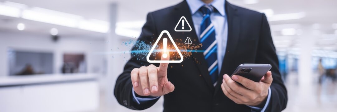 Businessperson interacting with a digital warning symbol.