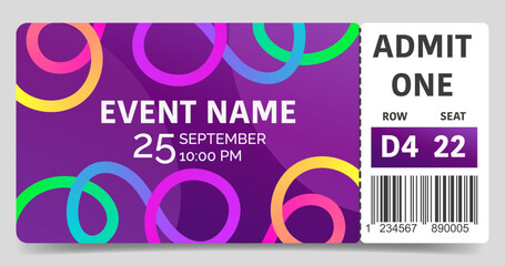 Event ticket template with wavy gradient rainbow lines. Modern concept for concerts, festivals, parties or creative event branding. Vector illustration