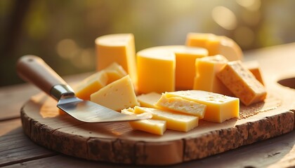 Assorted cheeses are displayed on a wooden board with a cheese knife, bathed in warm sunlight.