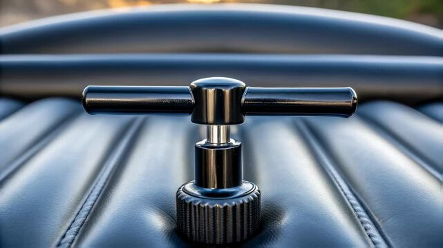 Closeup of the valve mechanism on an inflatable showing detailed textures of the rubber material and the twisting metal lever used to inflate it.