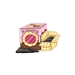 a jam filling cookies and cake washing machine with a biscuit box and black witch's cloaks