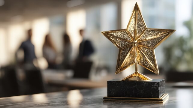 Golden star trophy on black base in office with blurred business team and warm lighting