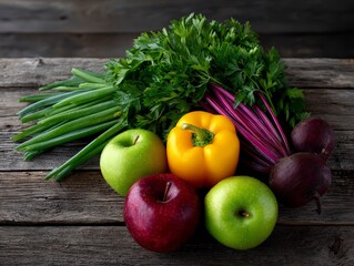 Colorful Fresh Fruits and Vegetables Arranged on Wooden Table