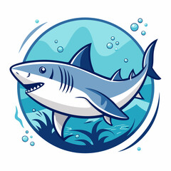 In ocean Great White Shark line art on white background