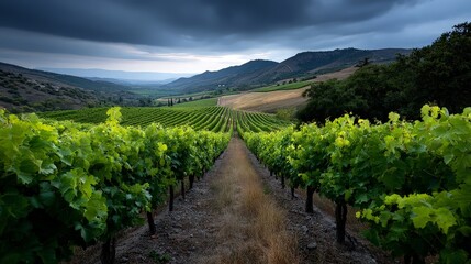 Naklejka premium Lush Vineyard Landscape with Neat Rows of Grape Vines Under Clouds
