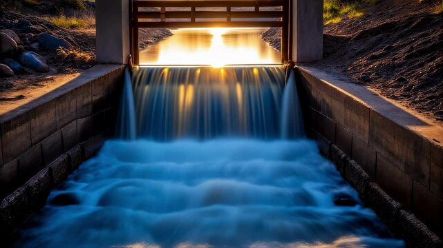 The flowing water of a diversion channel rushing past a partially od gate droplets splashing against the surrounding earth with sunlight glinting off the waters surface.