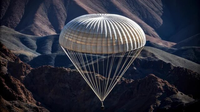 The GPSguided parachute in middescent with trailing lines behind it creating a dynamic visual of supply delivery above rugged terrain accentuating the missionoriented design.