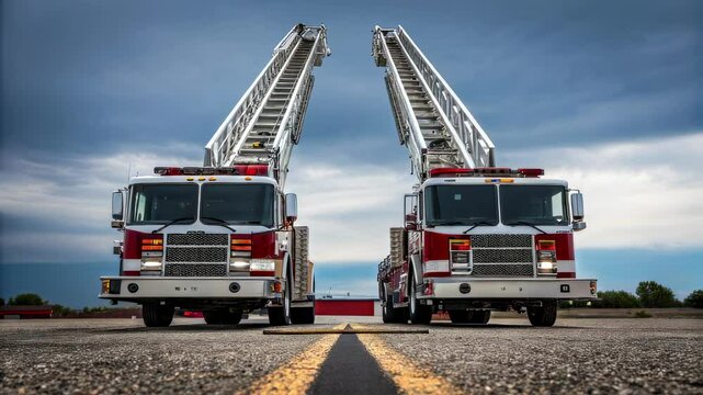 The ladder trucks stabilizing outriggers extend outward firmly anchoring the vehicle with gravel and asphalt texture visible emphasizing the importance of stability during