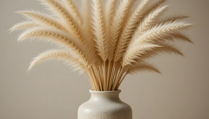 Close-up of dried pampas grass in a textured vase, beige tones, minimal background, soft natural lighting