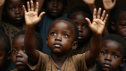 Joyful African children raising hands in classroom - Powered by Adobe