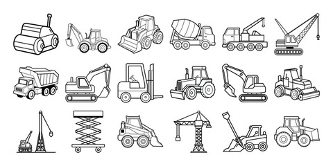 Collection of black and white construction vehicles line art illustrations