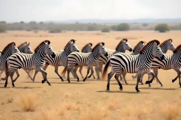 Zebra herd galloping across dry plains with motion blur background.
