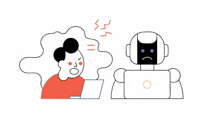 Frustrated Man Arguing with a Robot on a Laptop