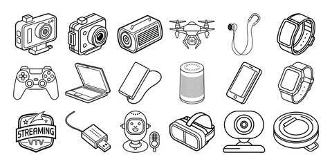 Collection of line art icons depicting modern gadgets and streaming technology