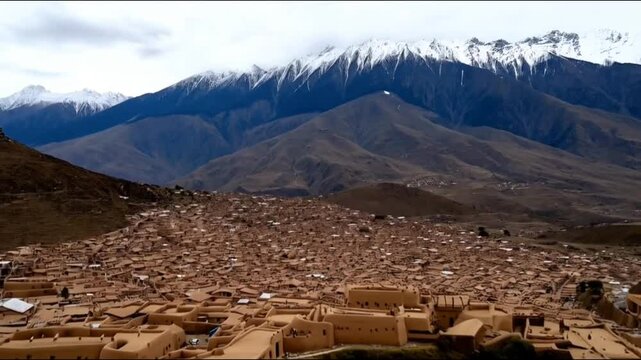 Village (Chonta) in the Andes of Peru. Typical andean village with adobe buildings. Aerial video footage, Generative AI