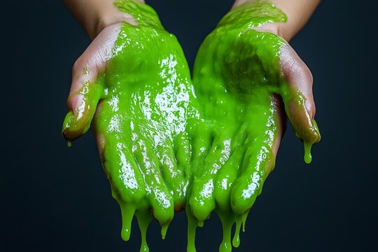 Two hands holding dripping bright green slime against dark background - Powered by Adobe
