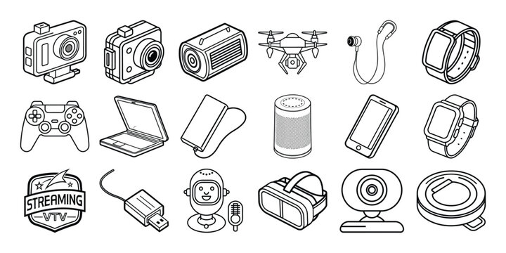 Collection of line art icons depicting modern gadgets and streaming technology