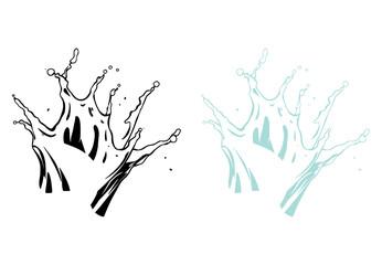 Two stylized water splash illustrations: one in black and one in light blue, showcasing dynamic shapes and splattering droplets.