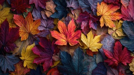 A colorful mix of fall foliage including maple leaves in dramatic shades of blue and red.