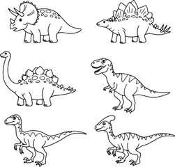 Fototapeta premium Adorable Dinosaur Illustrations Coloring Pages Featuring Triceratops, Stegosaurus, Brachiosaurus, Tyrannosaurus Rex, and Velociraptors