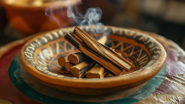 palo santo bundle resting on a decorative light clay dish