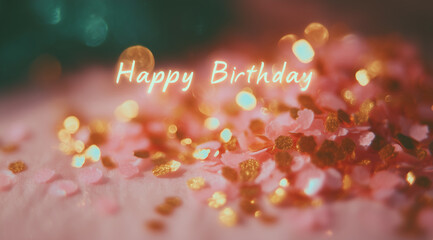 happy birthday greeting with falling golden glitter and confetti, ideal for birthday cards, festive invitations, social media posts, or celebratory banners