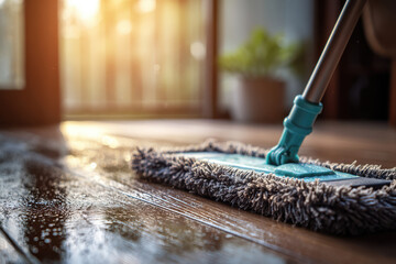 Flat mop cleaning shiny wooden floor with natural light reflections in modern indoor home