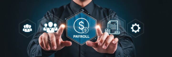Businessperson interacting with a digital payroll interface.