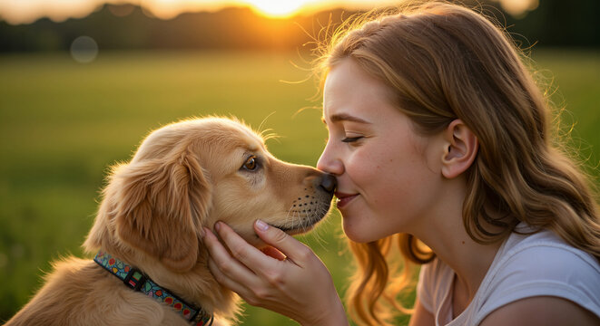 Teenage girl kissing golden retriever on nose at sunset perfect for loving bond celebration content for International Dog Day