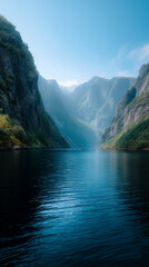 Nordic Fjord with Cliffs and Distant Viking Longship