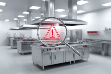 Commercial Kitchen Inspection: Hazard Warning, Food Safety Audit, Restaurant Hygiene, Cleanliness Check, Culinary Equipment, Stainless Steel Appliances