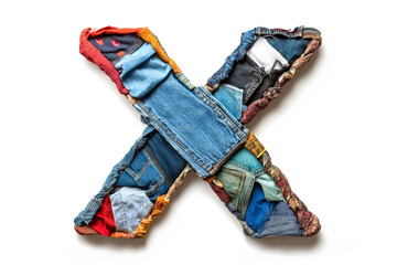 Pieces of colorful fabric and denim forming the letter x on a white background