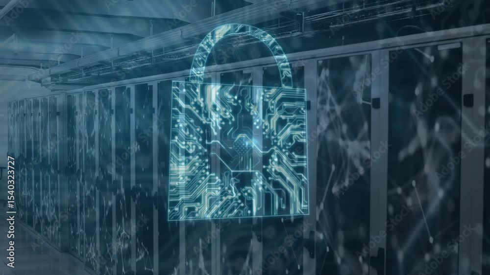 Poster padlock materializing triggers nodes drifting and circuit forming to secure data center servers