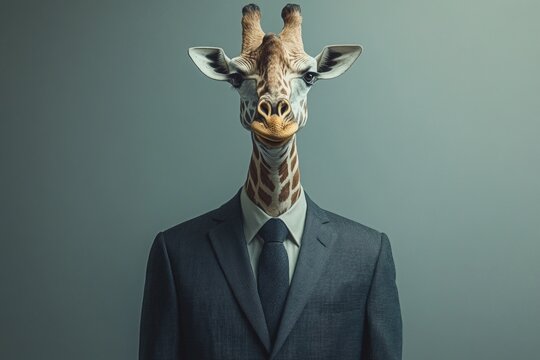 Photorealistic image of a giraffe wearing a business suit and tie, conveying professionalism and a neutral expression
