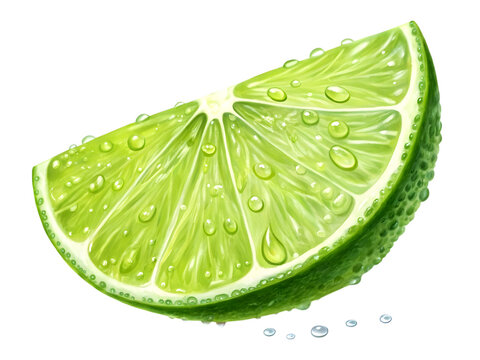 Slice of green lime with water drops, isolated on white background