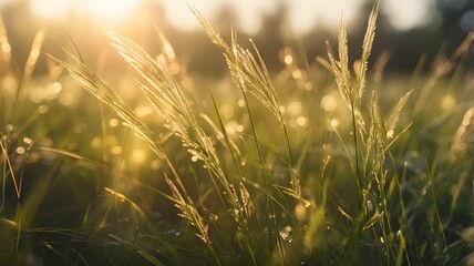 Golden Sunlit Grass Field with Tall Reeds in Natural Landscape at Sunset