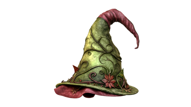 Enchanted Forest Witch Hat Fantasy Design Green Red Floral Vines,