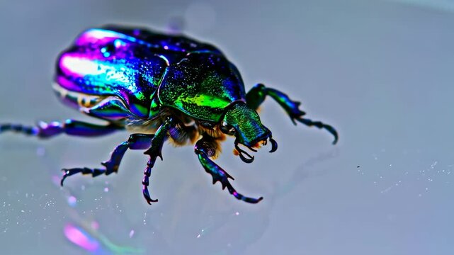 Extreme close-up of a beetle's back displaying a vibrant holographic texture. The surface shifts color with the light, revealing intricate organic patterns and a metallic sheen. 