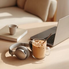 Remote work setup in minimalist office with headphones and iced coffee