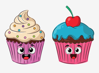 Cupcakes. Two cartoon funny cupcakes. Multicolored cupcakes with cream and cherry. Dessert. Baked goods