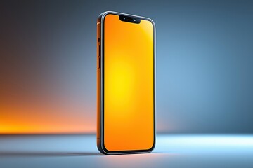 3D rendered mobile phone, display under spotlight, screen, camera, green, blue, black, orange, yellow, still life display, mobile phone display, indoor scene