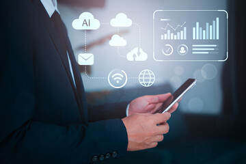 Businessman using smartphone with virtual AI and cloud computing icons, representing digital transformation and modern data analytics
