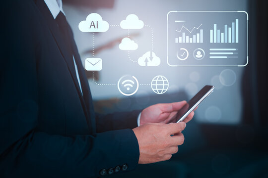 Businessman using smartphone with virtual AI and cloud computing icons, representing digital transformation and modern data analytics