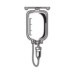Naklejka premium Vector illustration of a black and white medical drip bag symbolizing health treatment and care in a vintage art style