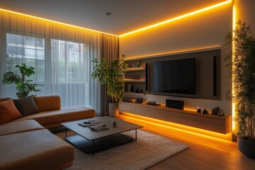Fototapeta premium Cozy and inviting modern living room with warm led strip lights, comfortable sofa, and entertainment center, creating a relaxing atmosphere