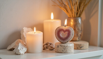 Decorative candles with heart-shaped design on minimal shelf  