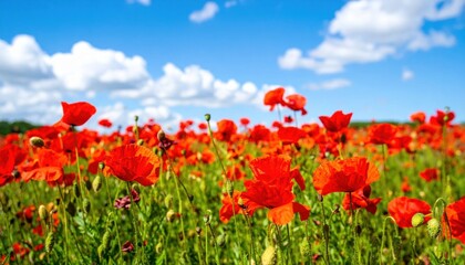 Fototapeta premium Vibrant Red Poppy Field Under Cloudy Sky