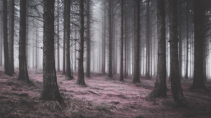 Fototapeta premium Ethereal forest landscape shrouded in mist
