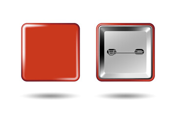 Red badge mockup. Square badge button brooch. Realistic red blank glossy quadrilateral button badge pin with metal back cover. Vector illustration.