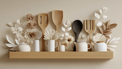 Minimalist Scandinavian Kitchen Shelf with Wooden Utensils and Ceramic Containers in Cozy Home Interior Still Life

